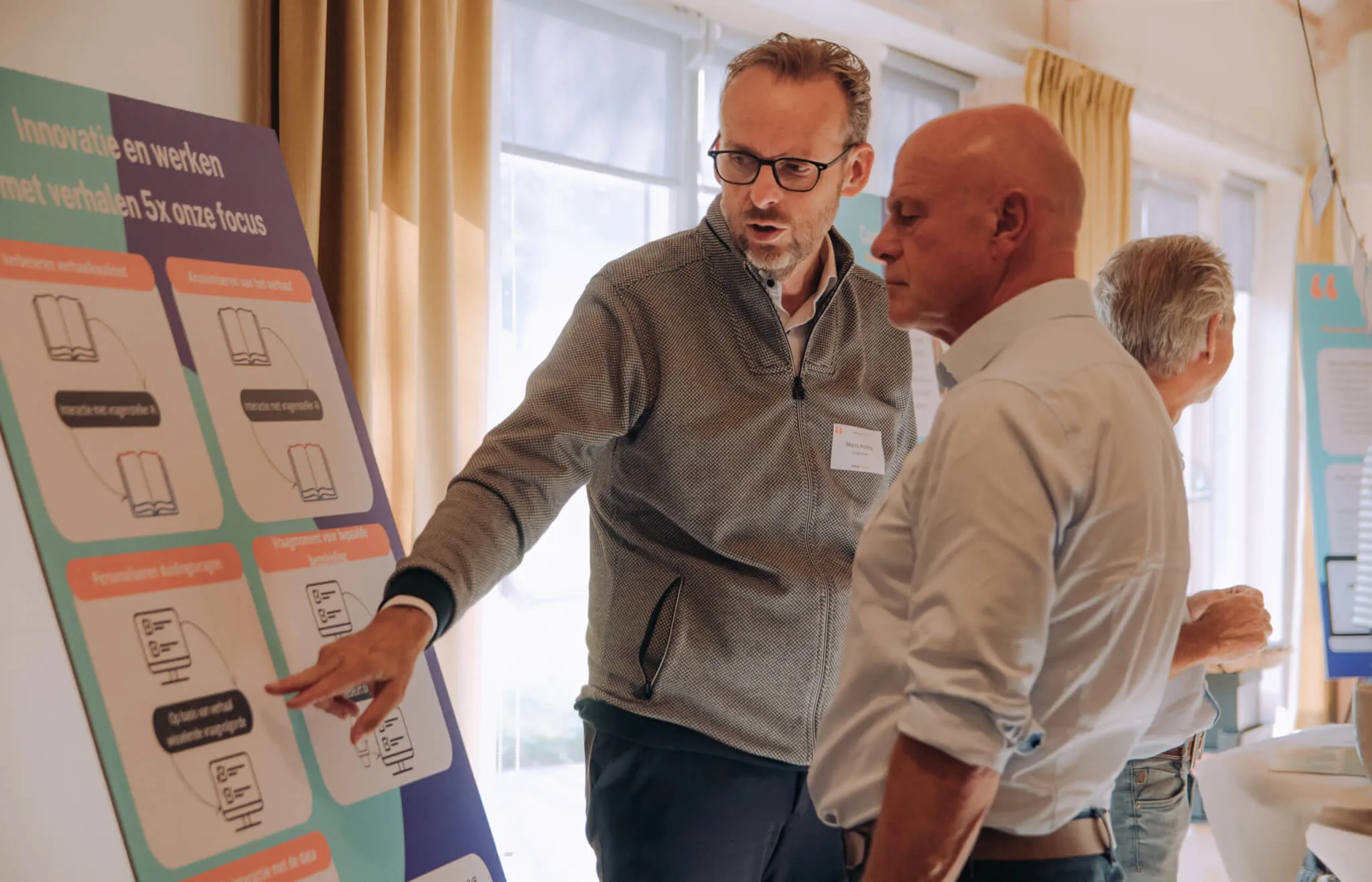 Deelnemers bespreken verhalen bij een wand met kaartjes
